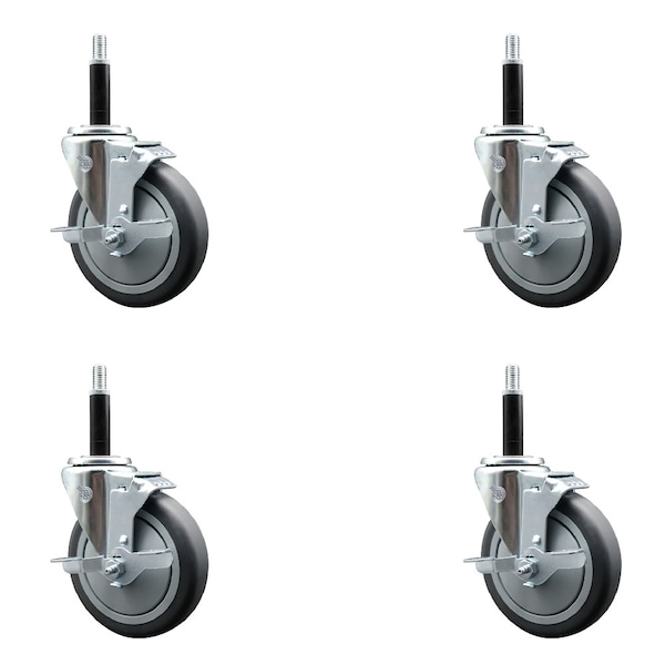 5'' SS Thermoplastic Rubber Swivel 3/4'' Expanding Stem Caster Set with Brake, 4PK